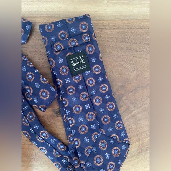 IKE BEHAR Neck Tie Orange NavyFloral Geometric Woven 100% Silk Hand Tailored USA - Picture 4 of 5